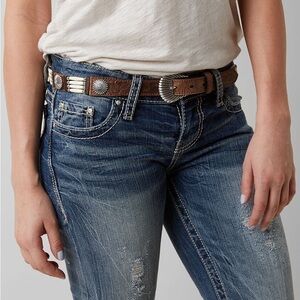 Beaded Western Nocona Brown Leather Belt with Silver and Turquoise Conchos